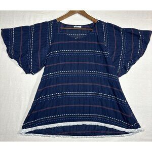Mettle Blue Short Sleeve Blouse Flutter Sleeve Fringe Women’s L